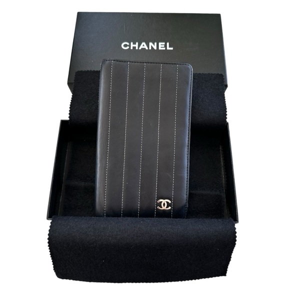 Authentic CHANEL Black Smooth Pin Stripe Quilted Leather Long Wallet with Box - Picture 14 of 16